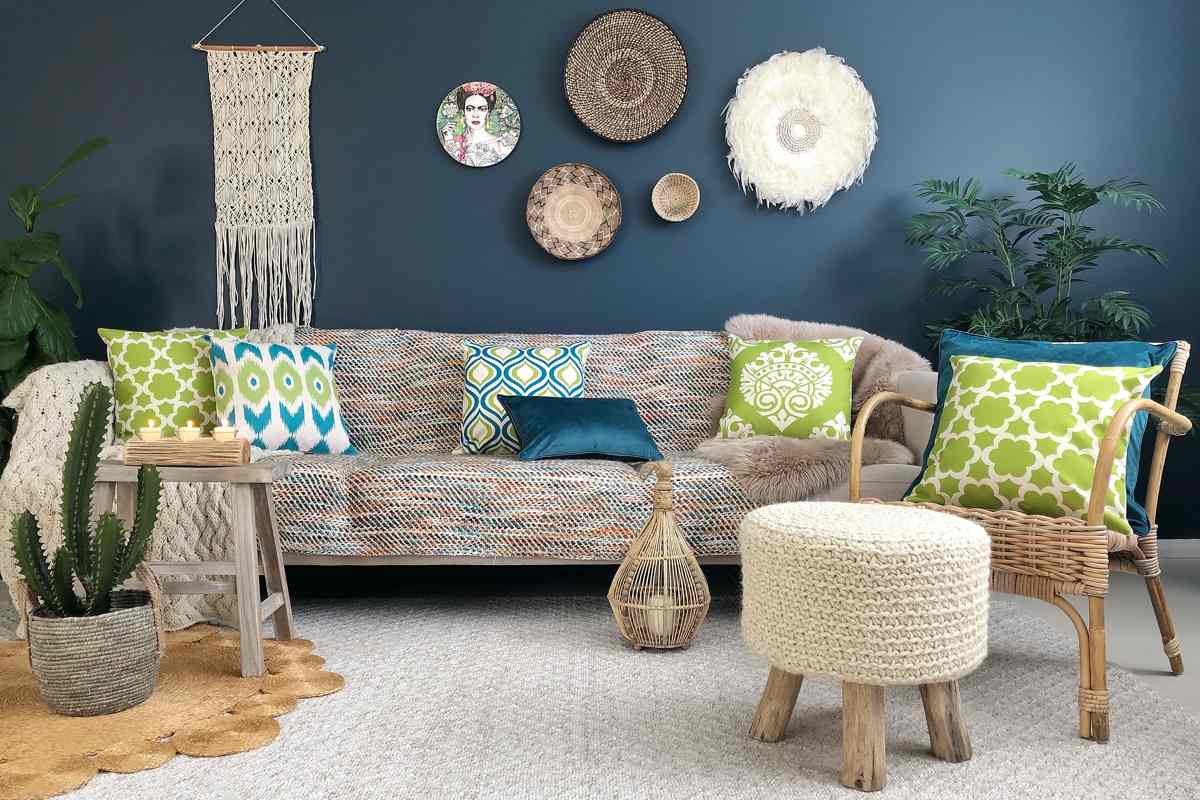 Boho inspired patterned cushions in teal and green