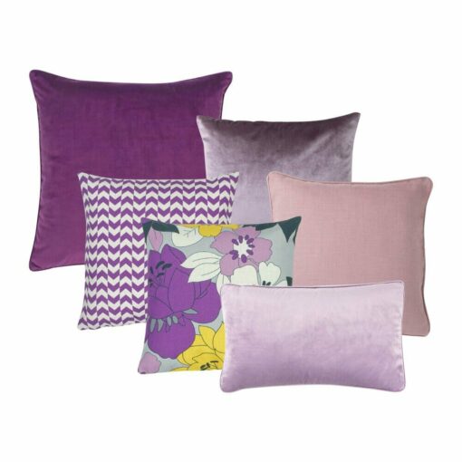 Image of 6 cushion cover set in shades of purple, lilac and blush