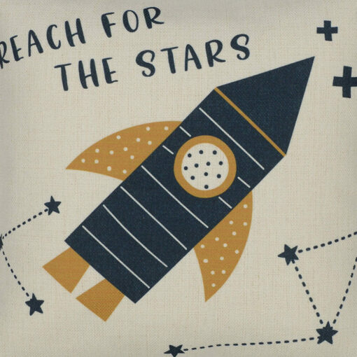 Close up image of cotton linen blend kids cushion with rocket print