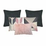 An image of two charcoal cushions, a single pink faux fur cushion and two pink and grey scandi design cushions.