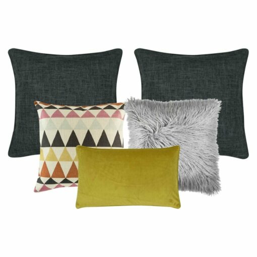 A collection of five cushion covers featuring two plain charcoal cushion covers, one scandi design printed cushion cover, one grey faux fur cushion and one rectangular gold cushion cover.