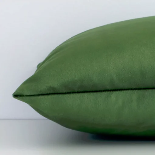 Side edge of solid-coloured rectangular cushion. The velvet material and forest green colour can be seen from this lateral viewpoint.