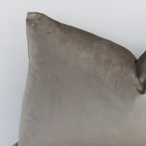 A close up image of this solid-coloured rectangular cushion. The image shows details of its velvet fabric and taupe colour.